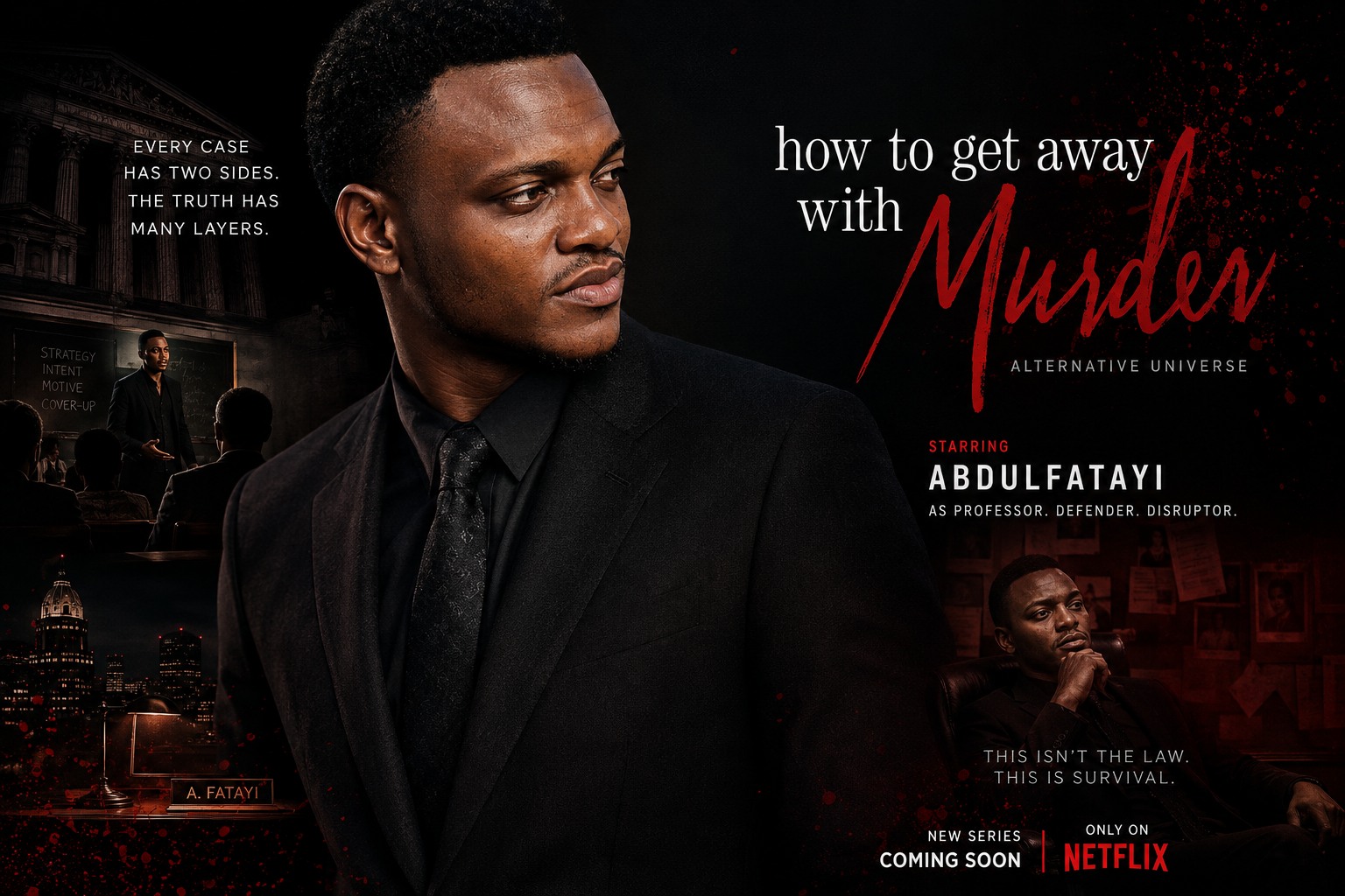 Abdulfatayi in a black suit in a dramatic legal-thriller television campaign.